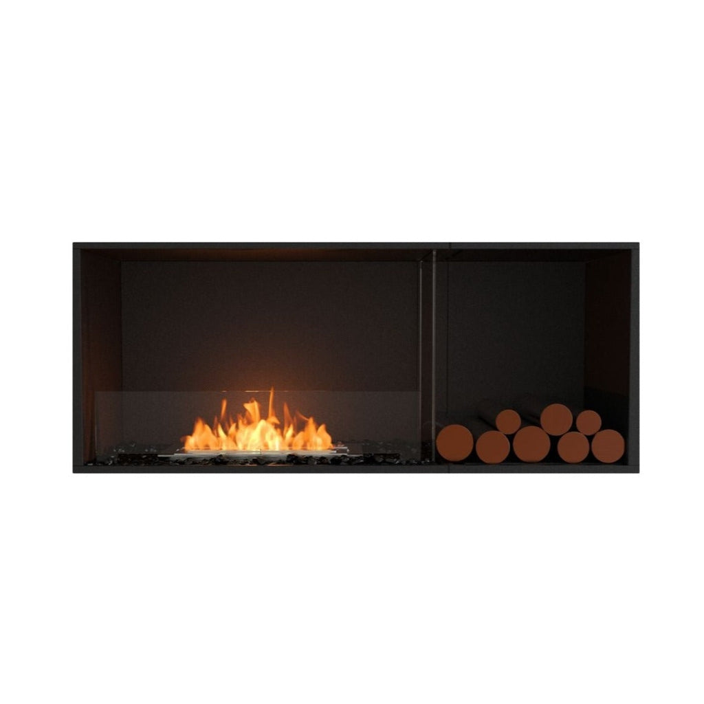 EcoSmart Fire Flex 50 bioethanol fireplace with a black frame, glass screen, orange flames, and decorative logs.