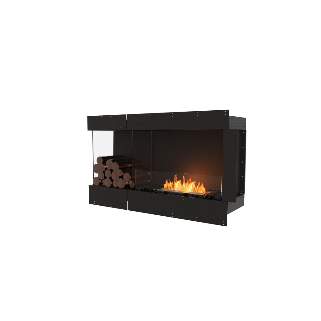 EcoSmart Fire Flex 50 bioethanol fireplace with a black frame, glass sides, and decorative logs on a white background.