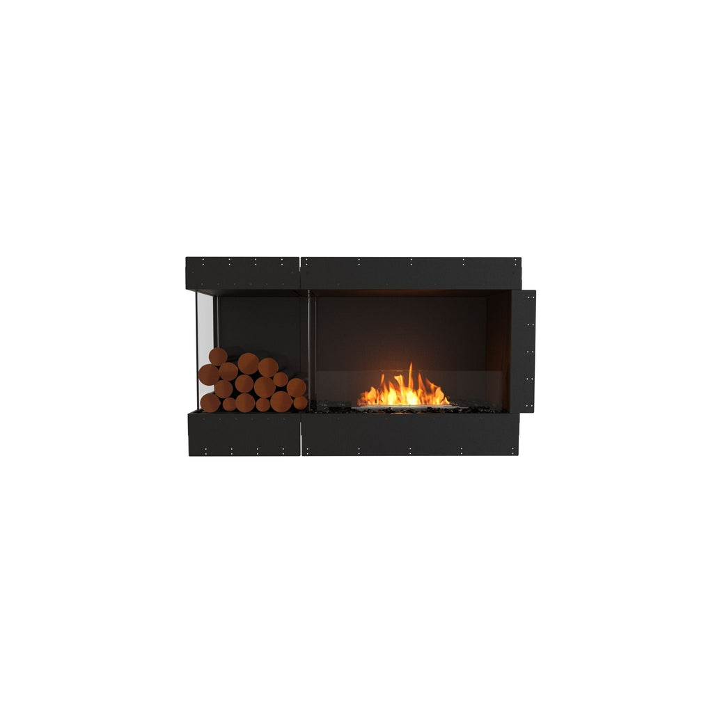 EcoSmart Fire Flex 50 black fireplace insert with a glass screen, orange flames, and decorative logs on the left.