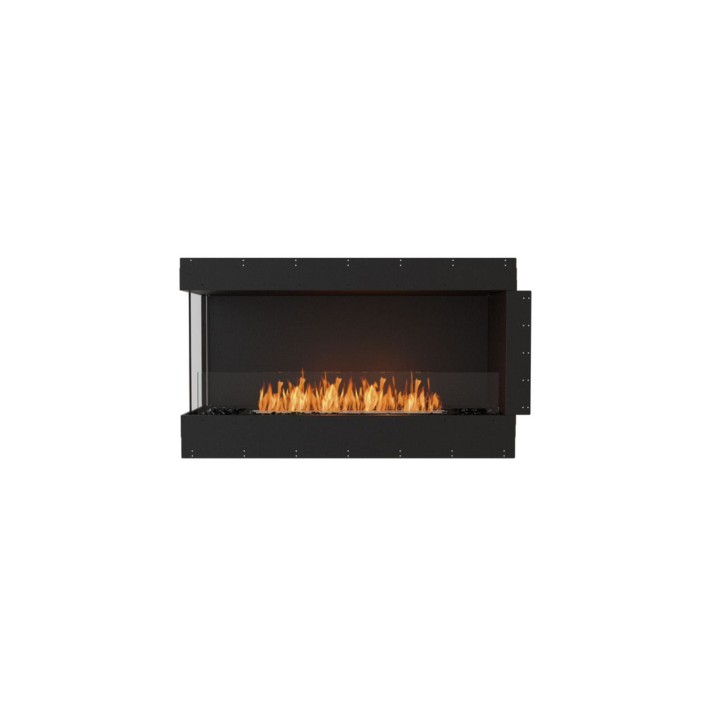 EcoSmart Fire Flex 50 bioethanol fireplace with a black frame, glass side panel, and visible orange flames.