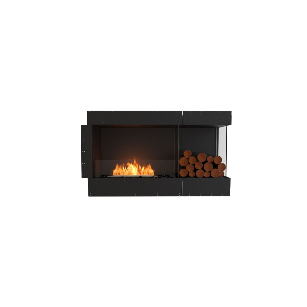 EcoSmart Fire Flex 50 black fireplace insert with a glass-fronted flame and a side compartment for stacked logs.