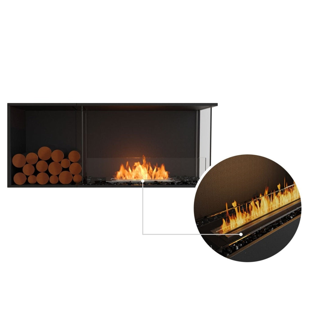 EcoSmart Fire Flex 50 bioethanol fireplace with black frame, glass screen, log storage, and a close-up of the flame.