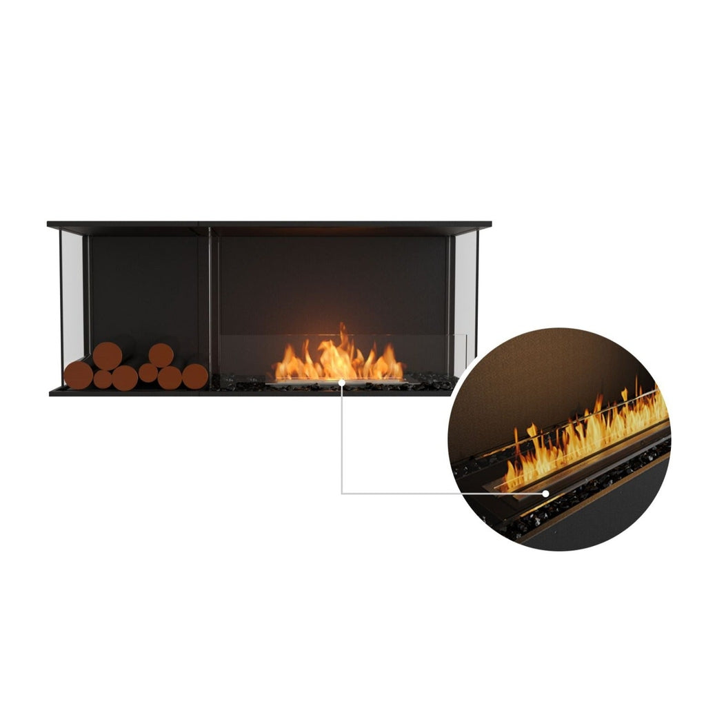EcoSmart Fire Flex 50 bioethanol fireplace with black frame, glass sides, decorative logs, and a close-up flame detail.