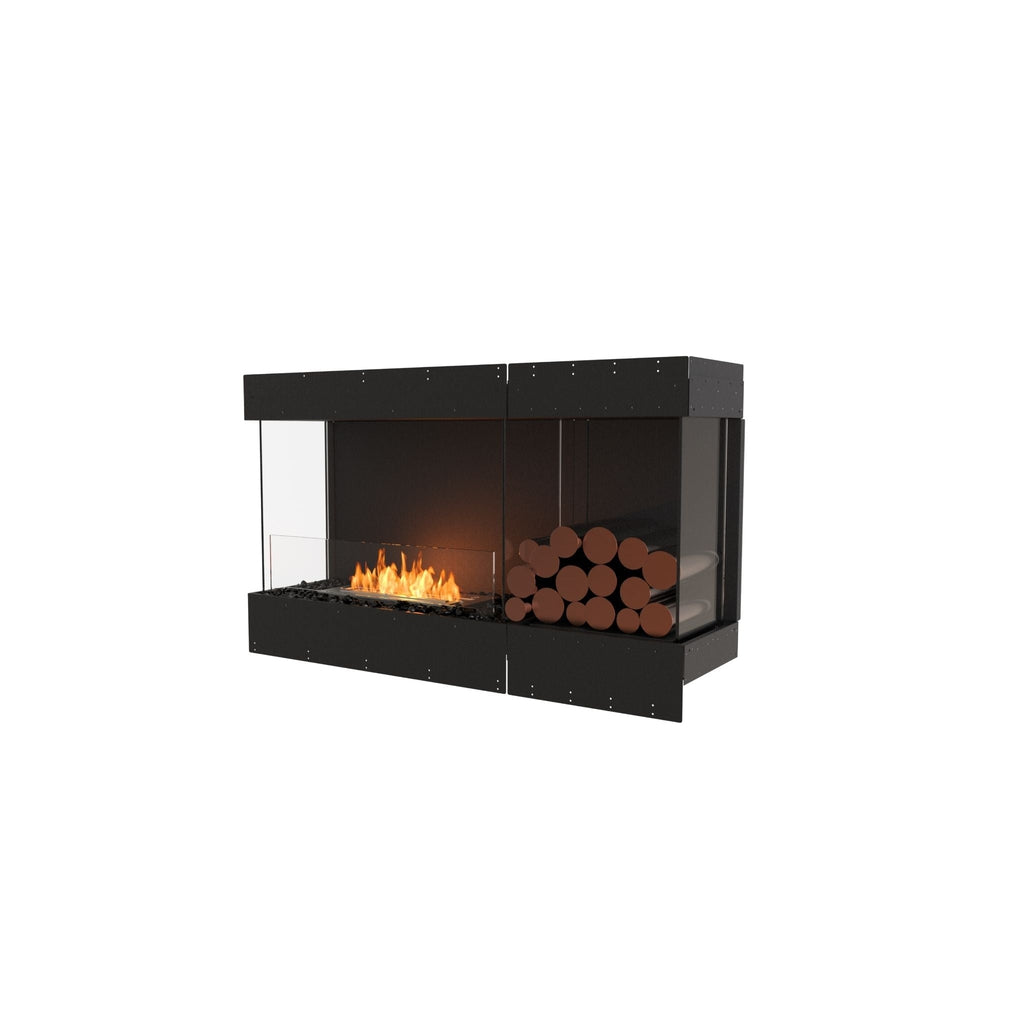 EcoSmart Fire Flex 50 bioethanol fireplace with black frame, glass panels, flickering flames, and decorative logs.