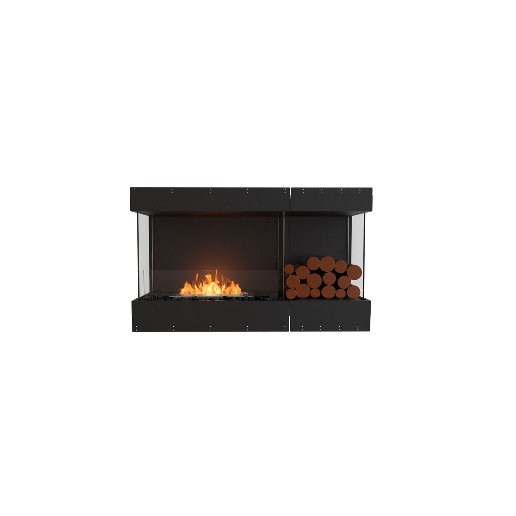 EcoSmart Fire Flex 50 bioethanol fireplace with black frame, glass sides, burning flame, and decorative log storage.