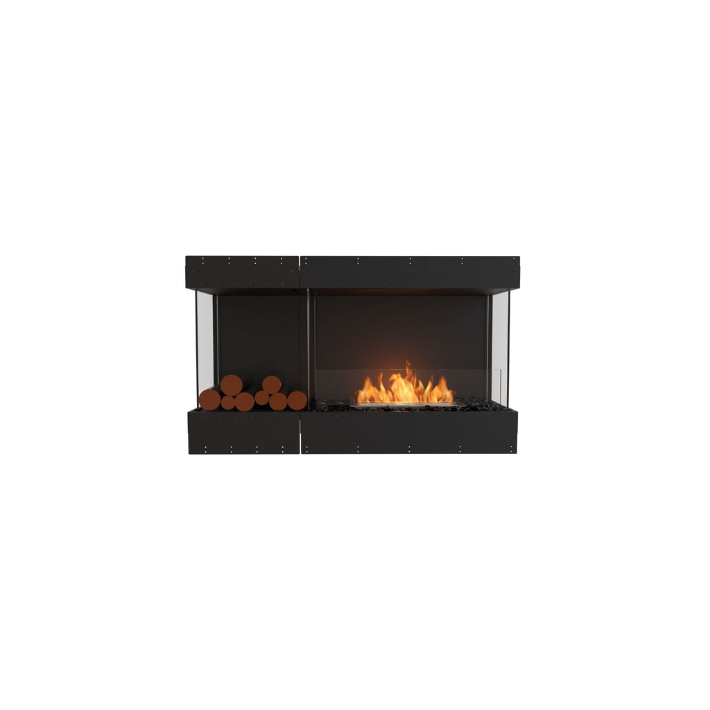 EcoSmart Fire Flex 50 bioethanol fireplace with black frame, glass sides, decorative logs, and a flickering flame.