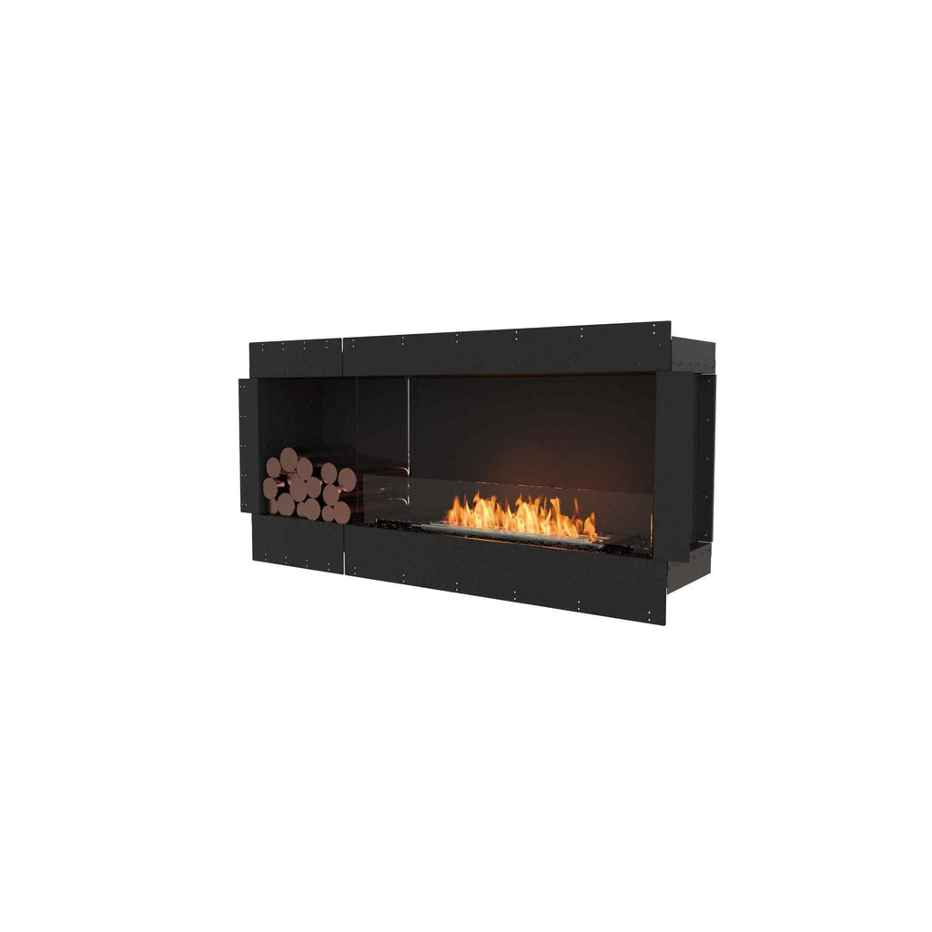 EcoSmart Fire Flex 60 bioethanol fireplace with a black frame, glass screen, internal logs, and a central flame.
