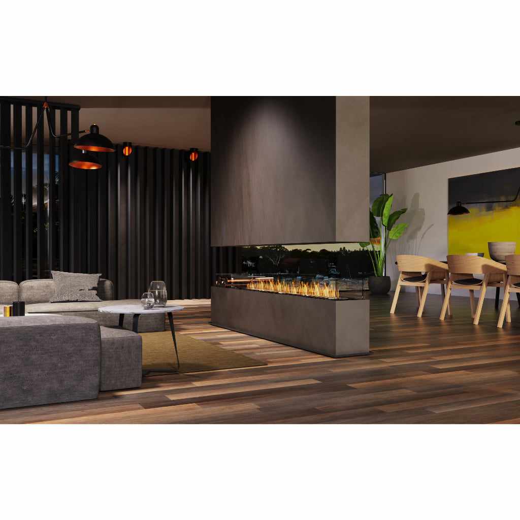 EcoSmart Fire Flex 60 bioethanol fireplace with a long, linear flame in a modern, open-plan living room.