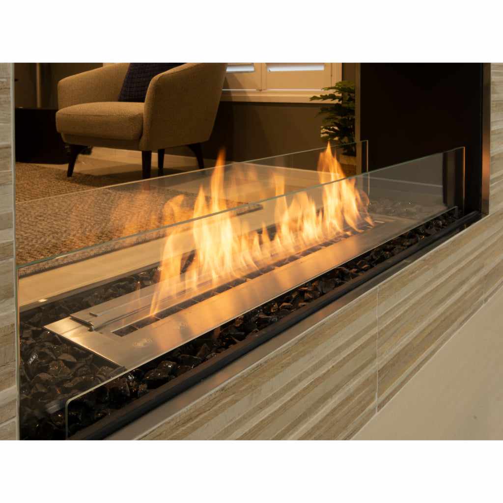 EcoSmart Fire Flex 60 bioethanol fireplace with a stainless steel burner, glass screen, and black decorative stones.