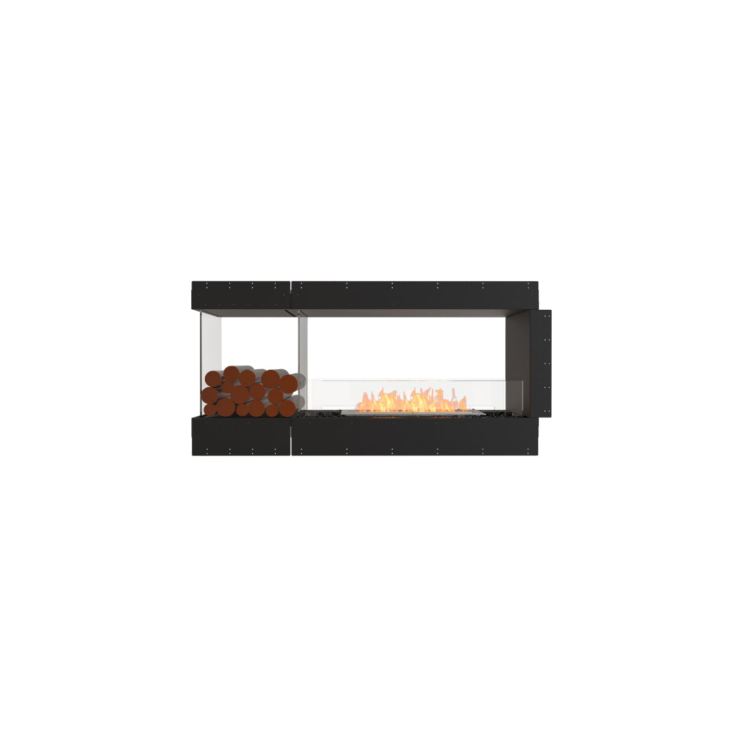 EcoSmart Fire Flex 60 bioethanol fireplace with a black frame, glass screen, orange flames, and decorative log storage.
