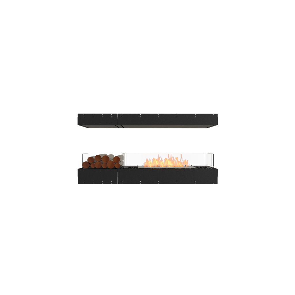 EcoSmart Fire Flex 60 bioethanol fireplace with a black frame, glass screen, glowing flames, and decorative logs.