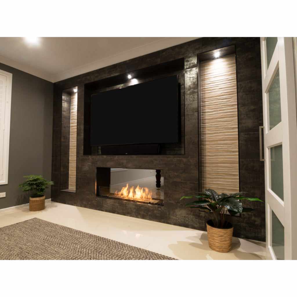 EcoSmart Fire Flex 68 bioethanol fireplace set into a dark tiled feature wall below a mounted television.