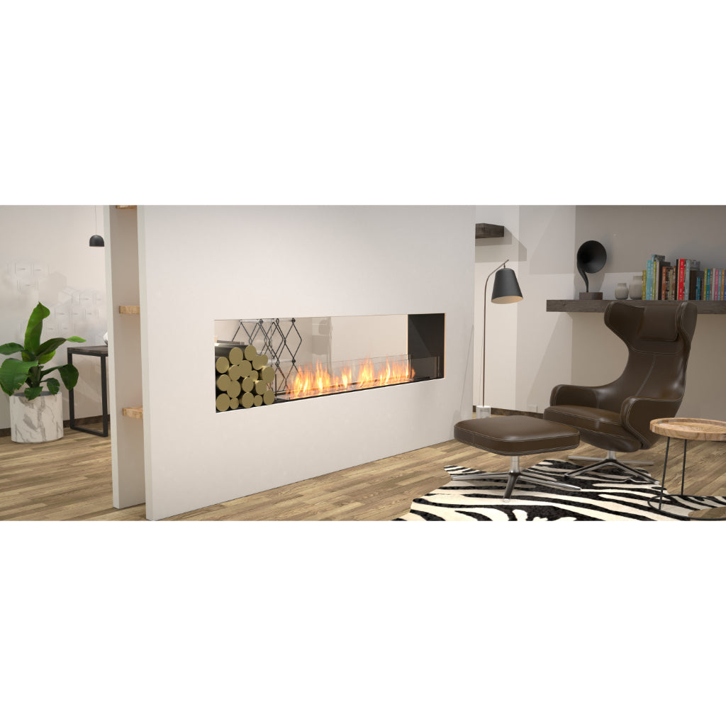 EcoSmart Fire Flex 68 bioethanol fireplace with a linear flame, glass screen, and log storage in a modern room.