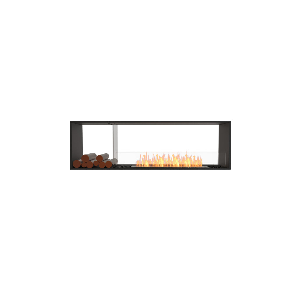 EcoSmart Fire Flex 68 bioethanol fireplace with a black frame, glass screen, orange flames, and decorative logs.
