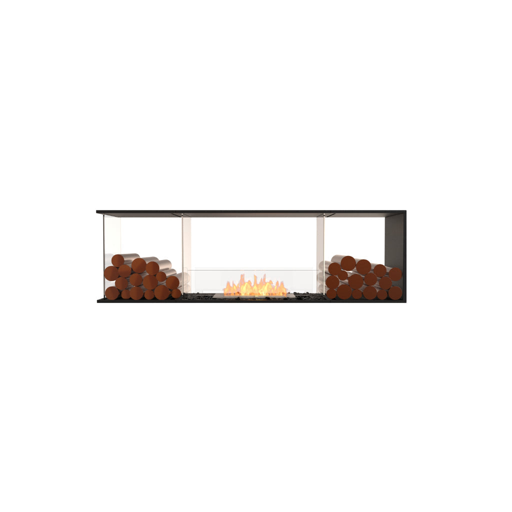 EcoSmart Fire Flex 68 bioethanol fireplace with a black frame, glass sides, and decorative logs on both ends.