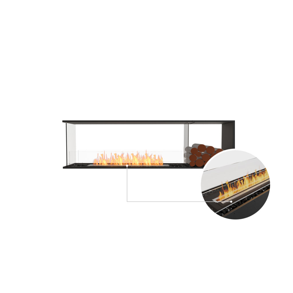 EcoSmart Fire Flex 68 bioethanol fireplace with black frame, glass panels, decorative logs, and a close-up flame detail.