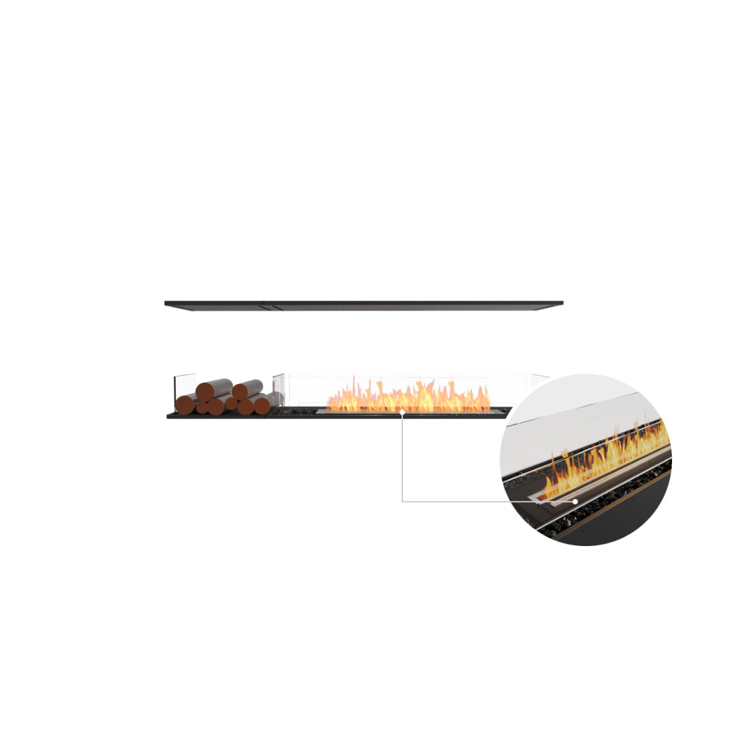 EcoSmart Fire Flex 68 bioethanol fireplace with a black frame, glass screen, decorative logs, and a close-up flame detail.