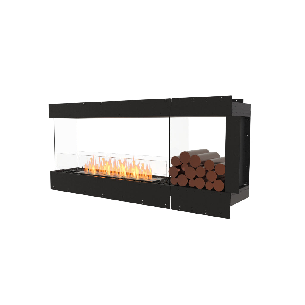 EcoSmart Fire Flex 68 bioethanol fireplace with a black frame, glass screen, orange flames, and decorative log stack.