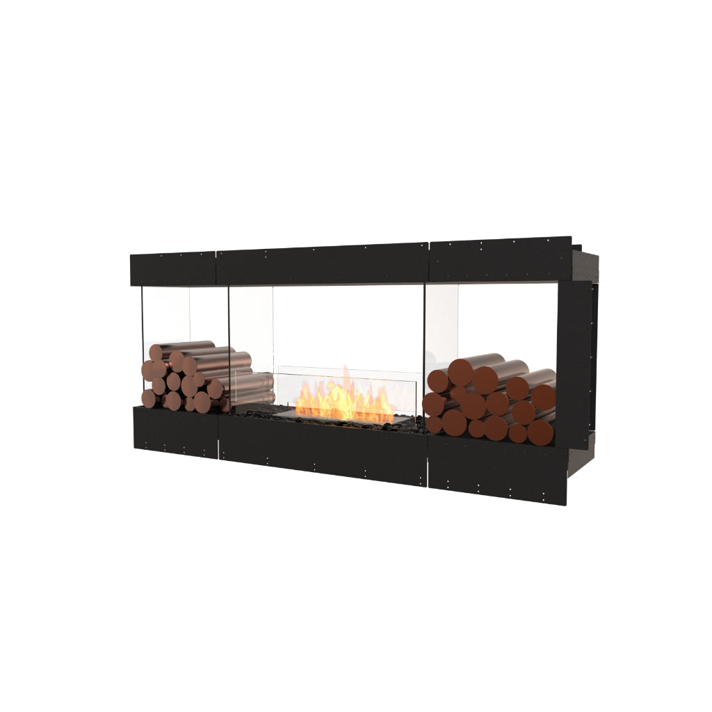 EcoSmart Fire Flex 68 bioethanol fireplace with a black frame, glass sides, and decorative logs on both ends.
