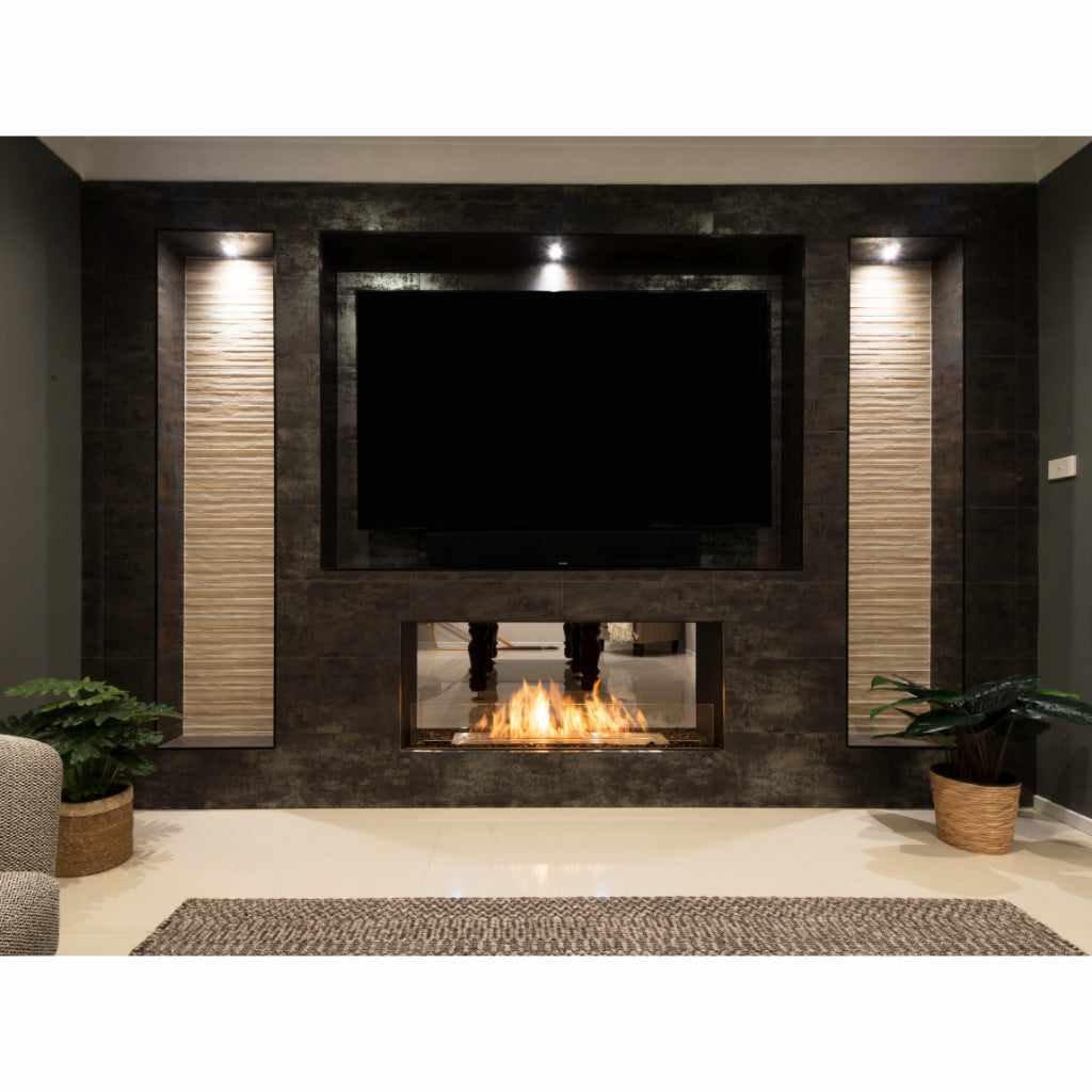 EcoSmart Fire Flex 68 bioethanol fireplace insert set in a dark tiled wall with a mounted television and accent lighting.
