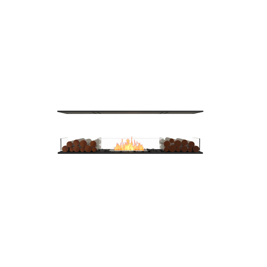 EcoSmart Fire Flex 68 bioethanol fireplace with a central flame, glass screens, and decorative logs on a black base.