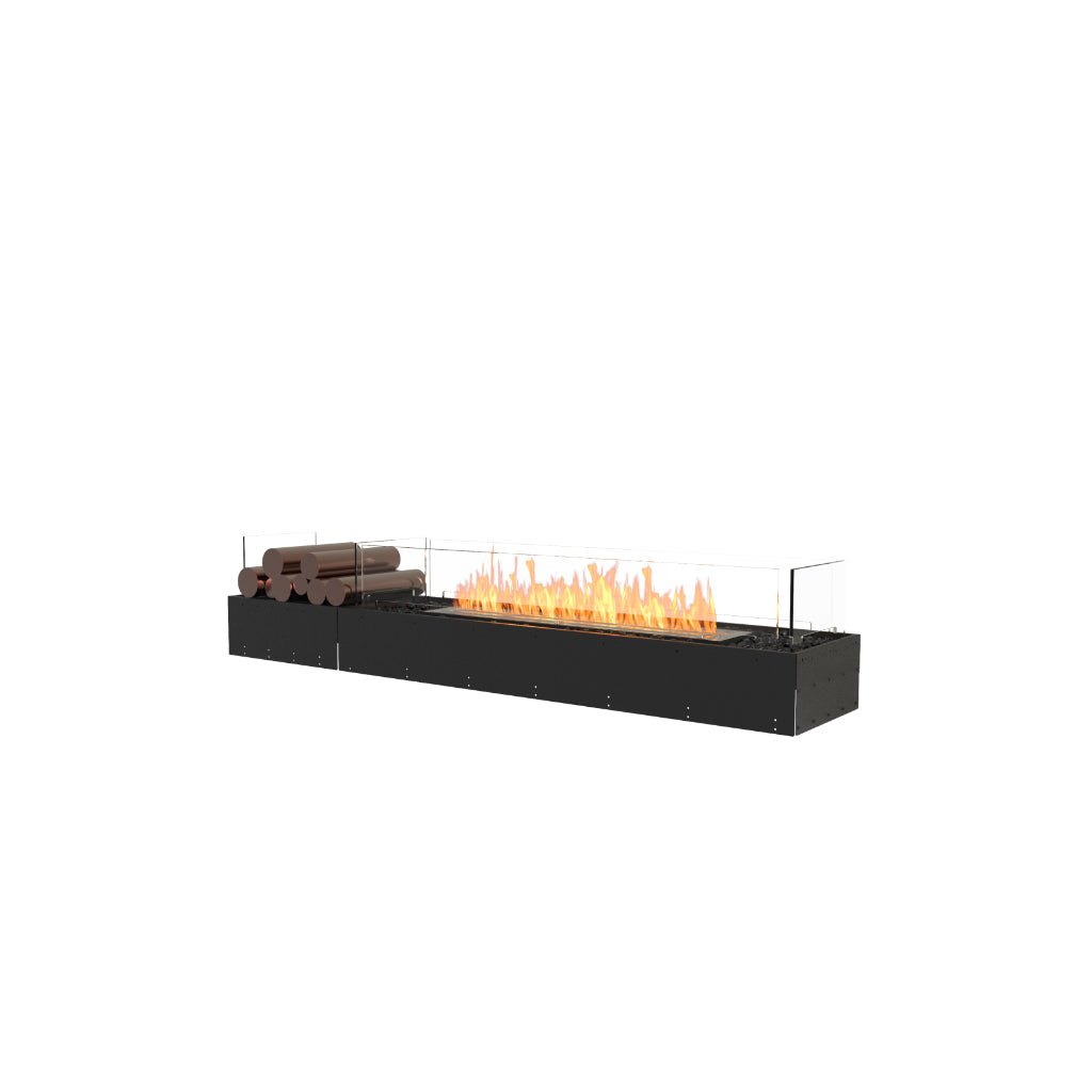 EcoSmart Fire Flex 68 bioethanol fireplace with a black metal base, glass screen, and decorative logs on a white background.