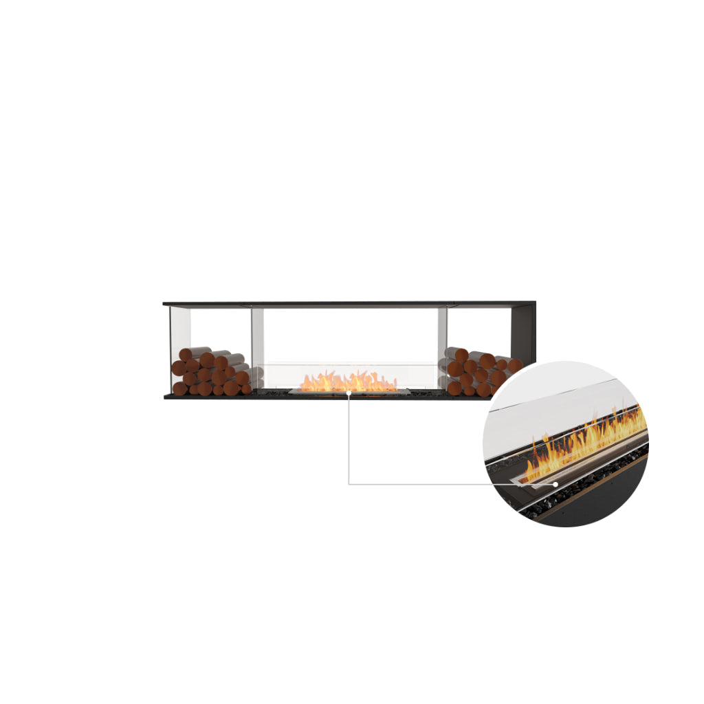 EcoSmart Fire Flex 78 Bioethanol Fireplace Insert with black frame, glass sides, log storage, and a close-up of the flame.