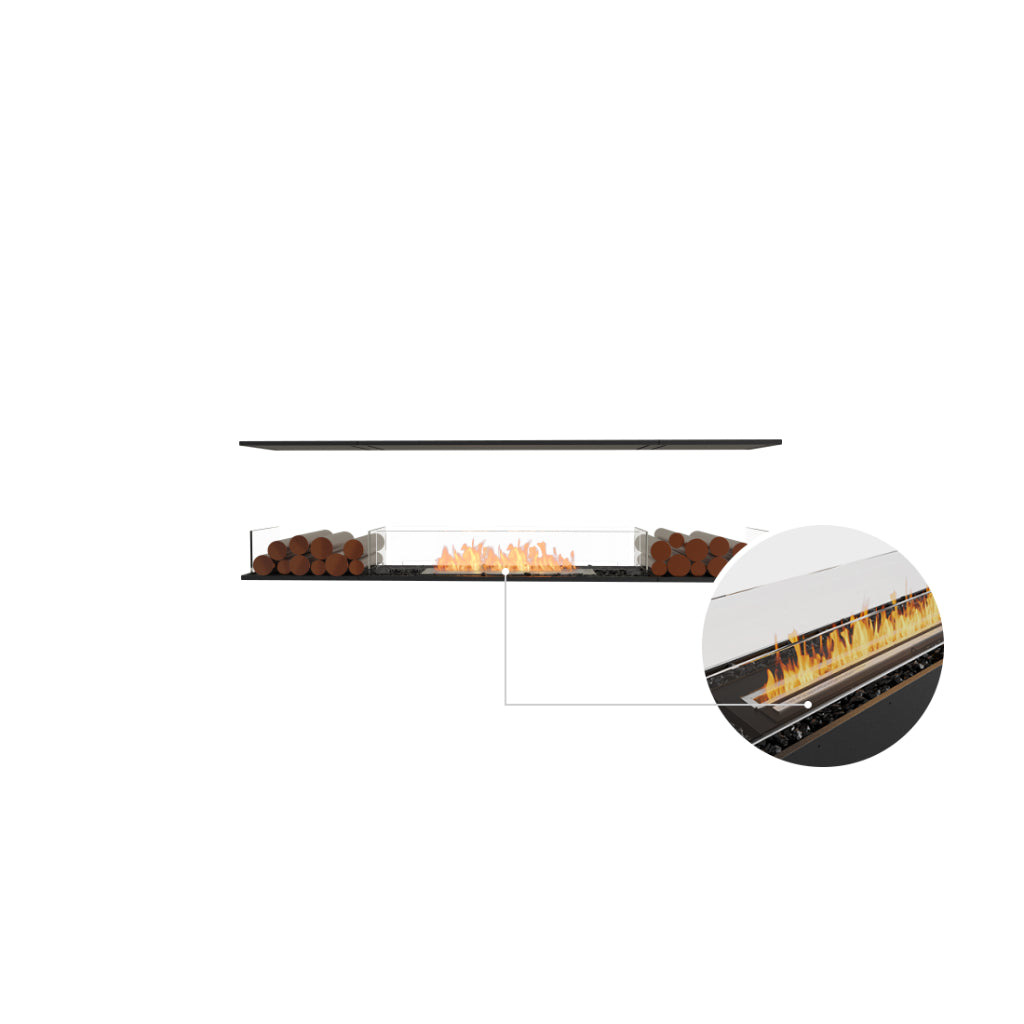 EcoSmart Fire Flex 78 bioethanol fireplace with glass sides, decorative logs, and a close-up of the burner flame.