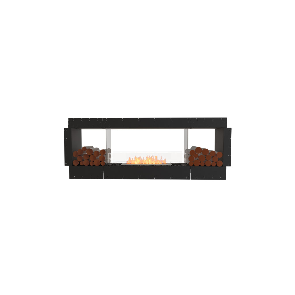 EcoSmart Fire Flex 78 bioethanol fireplace with a black frame, glass screen, and decorative logs on both sides.