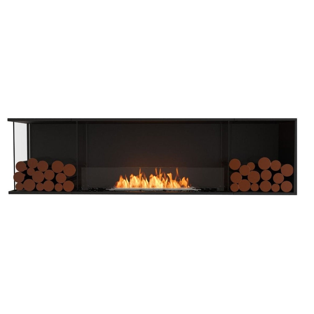 EcoSmart Fire Flex 78 fireplace with a black frame, central flame, and decorative logs in side compartments.