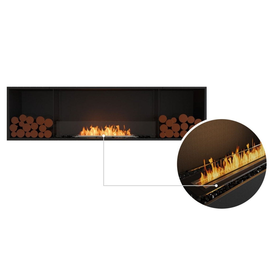 EcoSmart Fire Flex 78 fireplace insert with black interior, stacked logs, and a close-up of the linear burner flame.