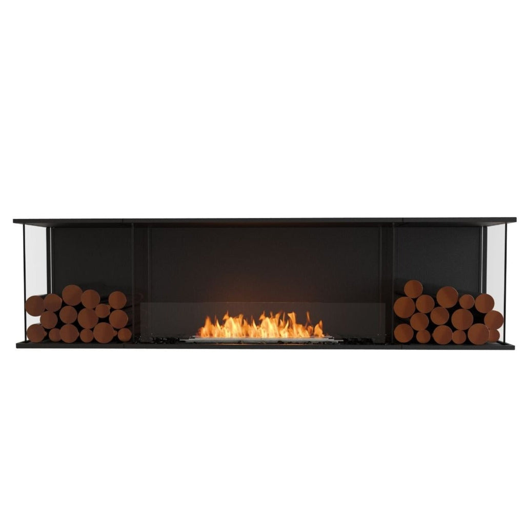 EcoSmart Fire Flex 78 bioethanol fireplace with a black frame, central flame, and decorative logs on both sides.