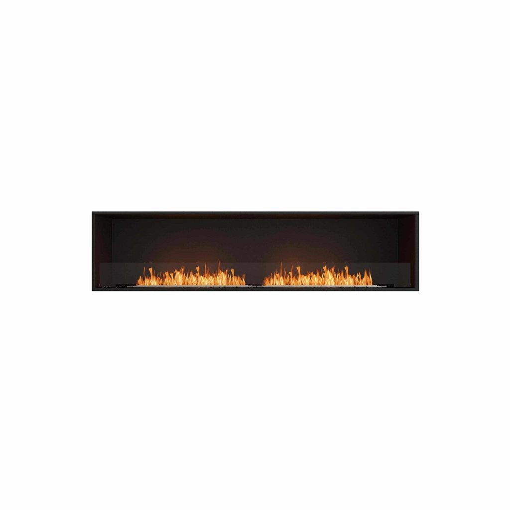 EcoSmart Fire Flex 86 bioethanol fireplace insert with a long black rectangular frame and a clear glass screen.