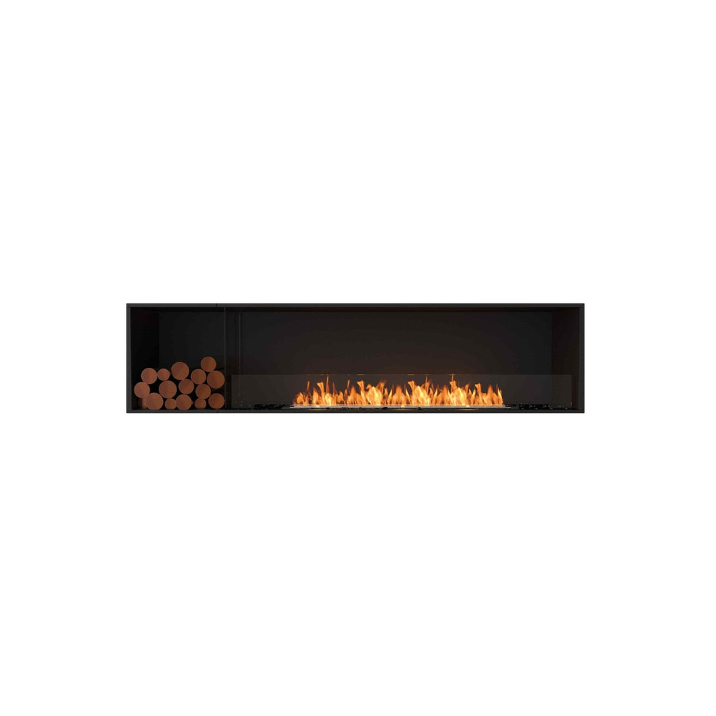 EcoSmart Fire Flex 86 bioethanol fireplace with a black frame, glass screen, and decorative logs on the left.