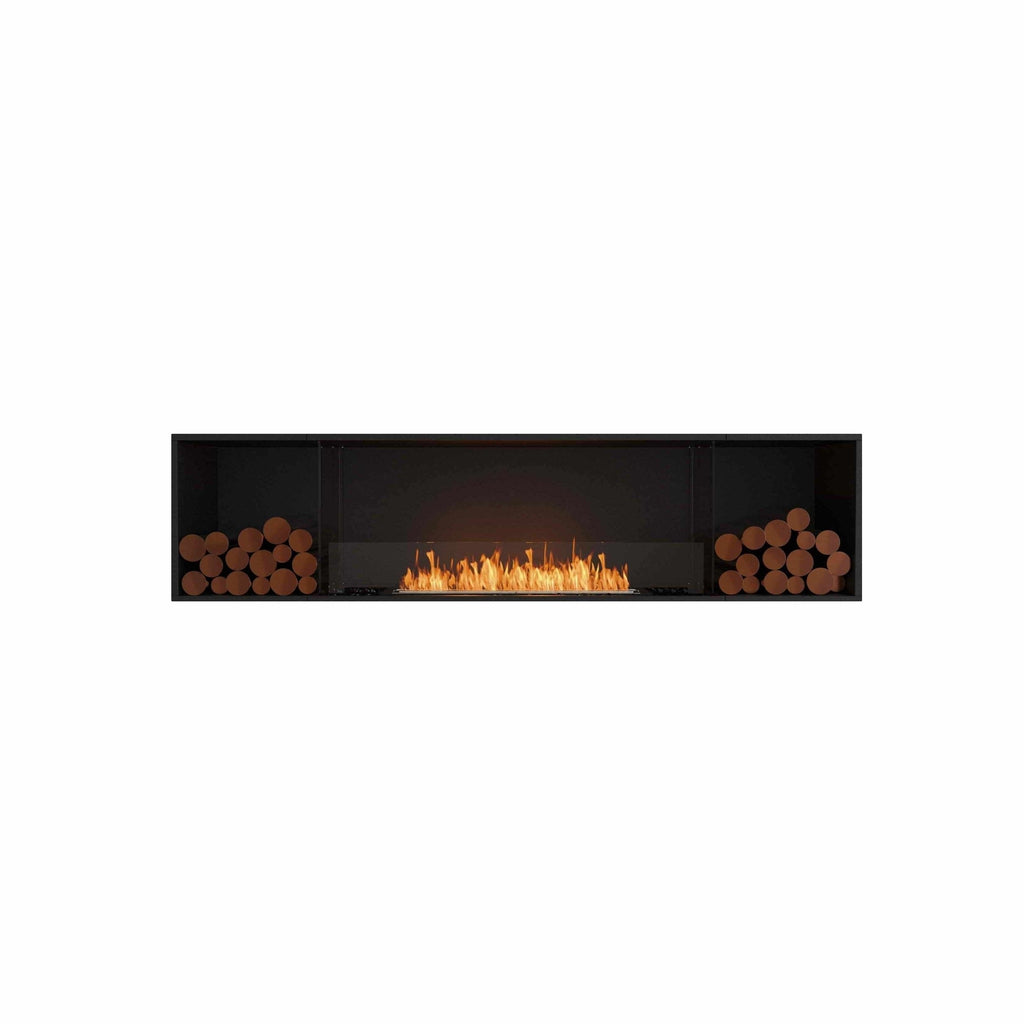 EcoSmart Fire Flex 86 bioethanol fireplace with a black frame, central flame, and decorative logs on both sides.