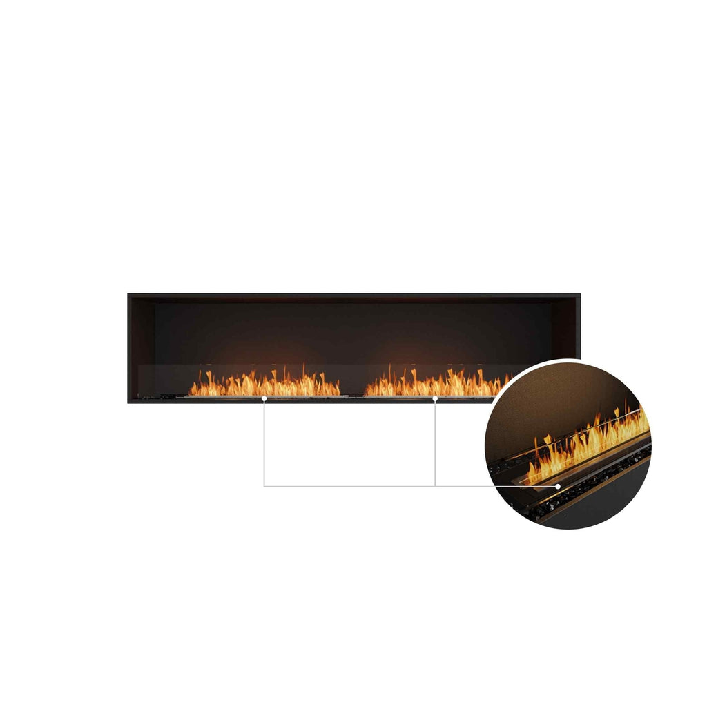 EcoSmart Fire Flex 86 bioethanol fireplace with a black frame, glass screen, and a circular close-up of the flames.