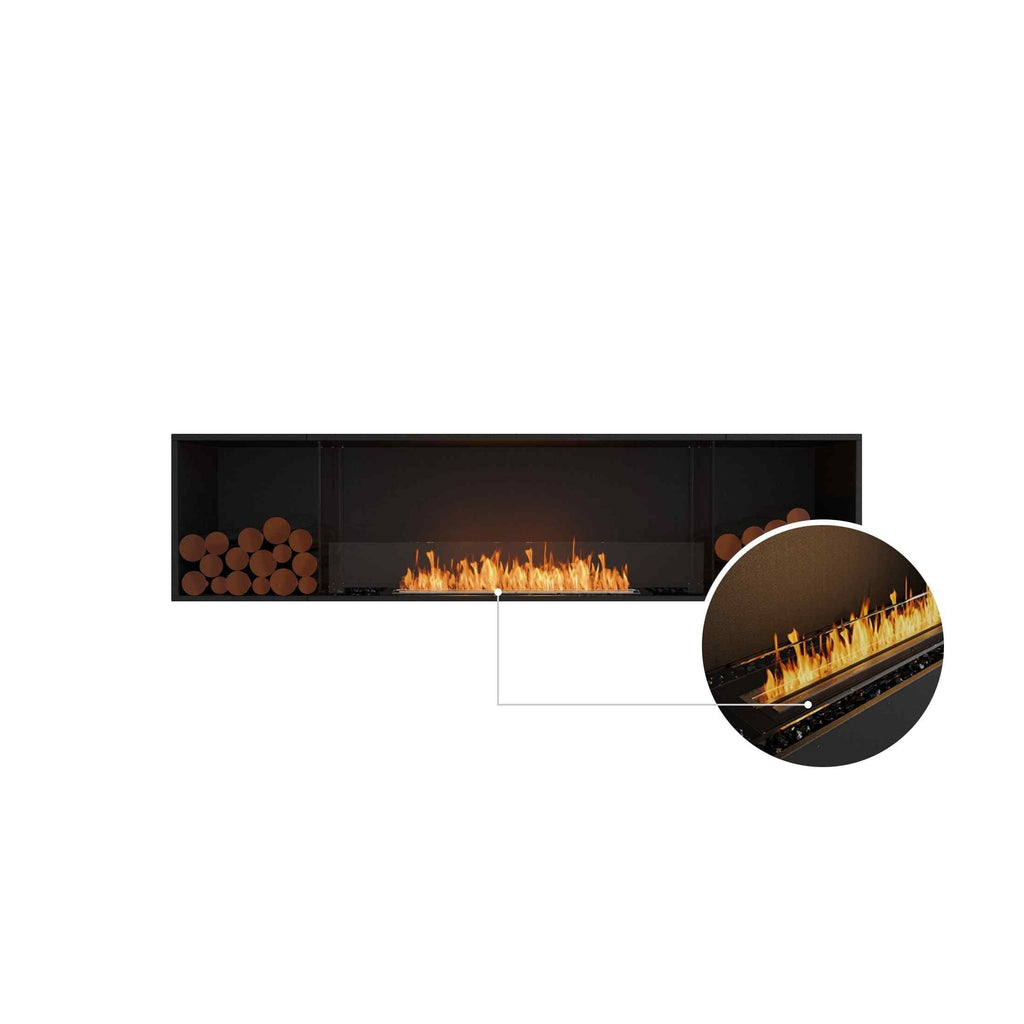 EcoSmart Fire Flex 86 fireplace insert with a black frame, decorative logs, and a close-up of the bioethanol flame.