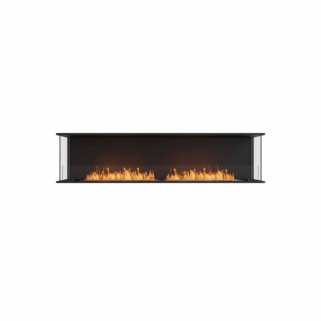 EcoSmart Fire Flex 86 bioethanol fireplace with a long black frame, glass sides, and a linear orange flame.