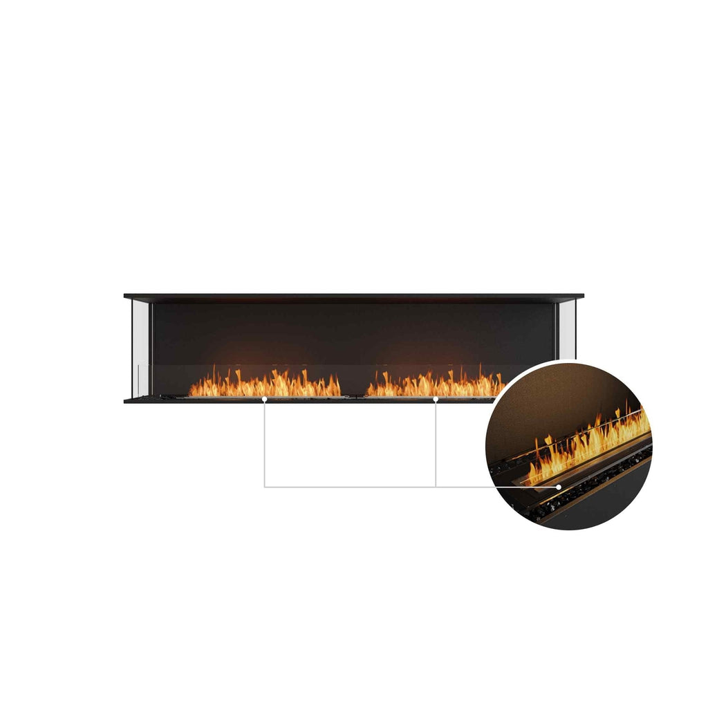 EcoSmart Fire Flex 86 bioethanol fireplace with a long, linear flame and black finish, featuring a close-up detail inset.