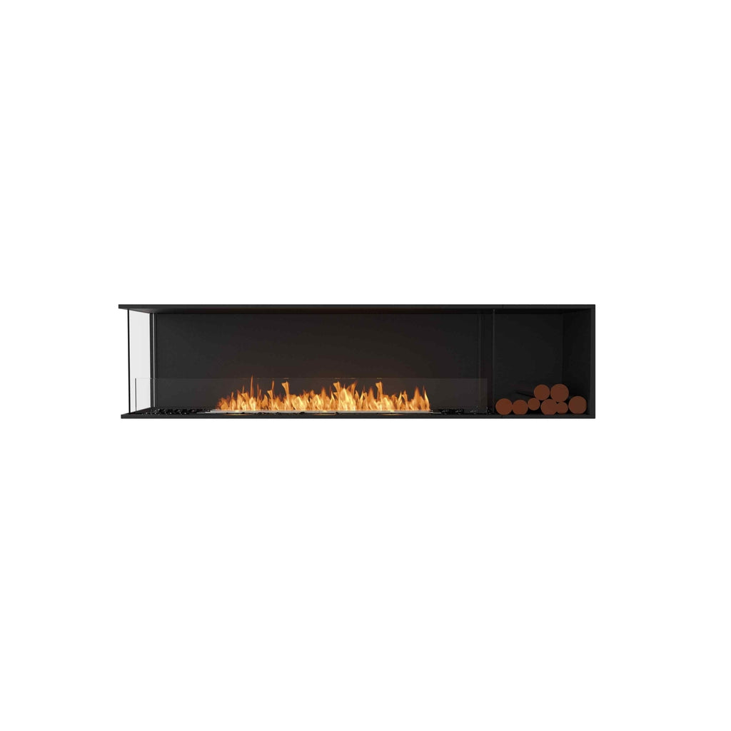 EcoSmart Fire Flex 86 bioethanol fireplace with a black frame, glass screen, orange flames, and decorative logs.