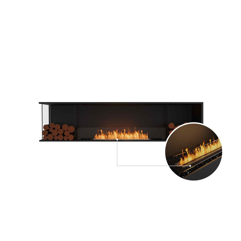 EcoSmart Fire Flex 86 bioethanol fireplace with black frame, glass screen, and decorative logs, featuring a burner close-up.