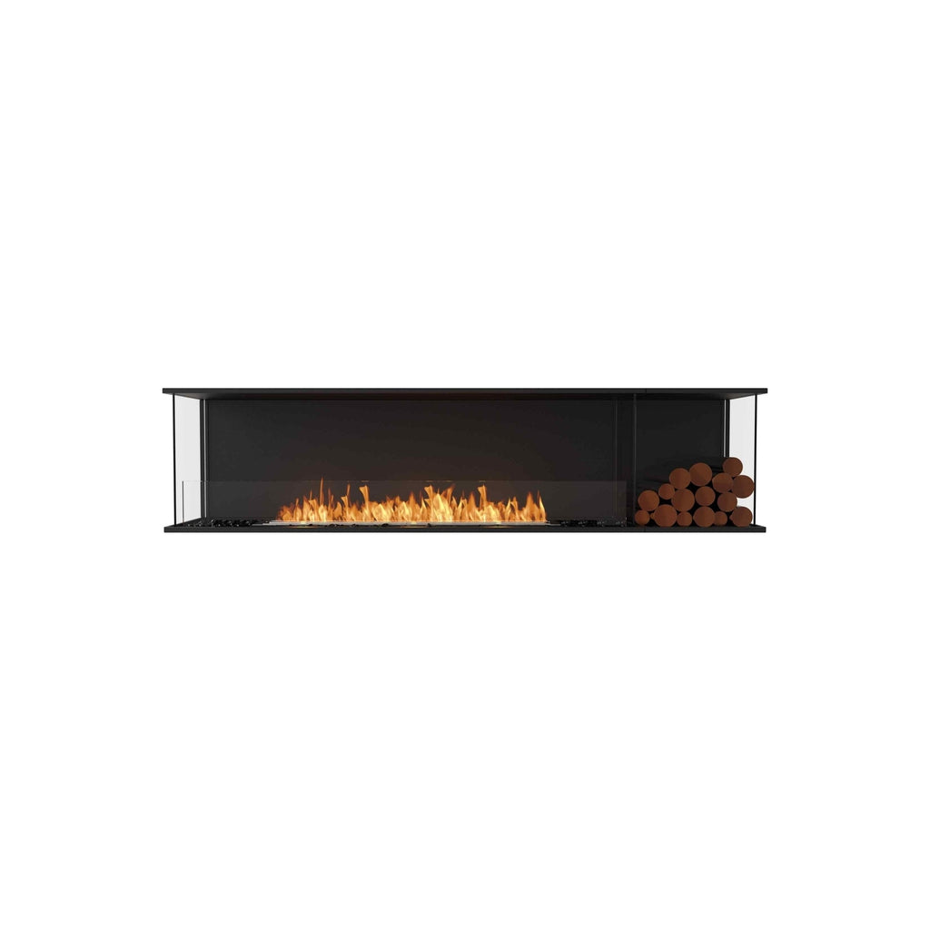 EcoSmart Fire Flex 86 bioethanol fireplace with a black frame, glass sides, linear flame, and decorative log stack.