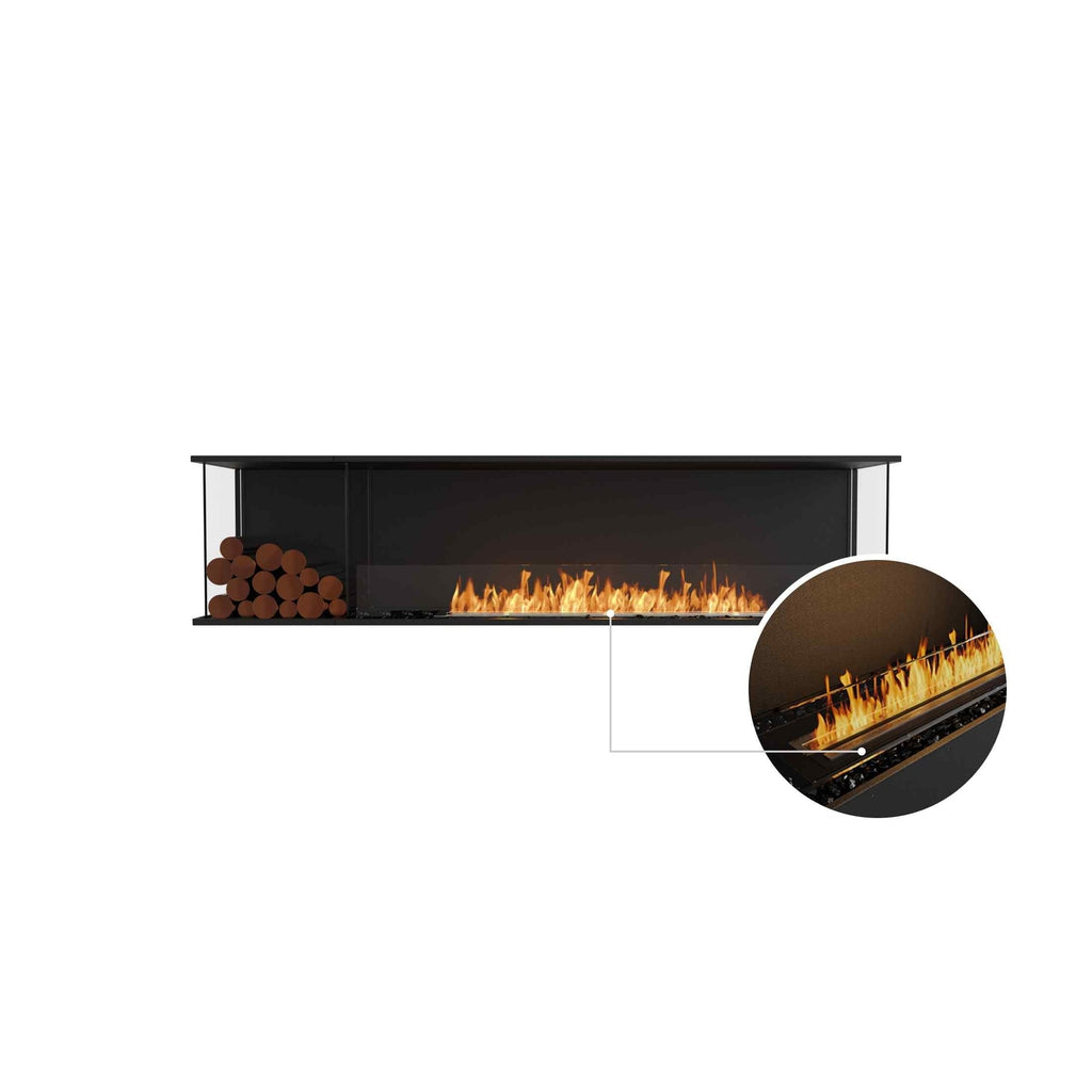 EcoSmart Fire Flex 86 fireplace with a black finish, glass sides, log storage, and a zoomed-in view of the flames.