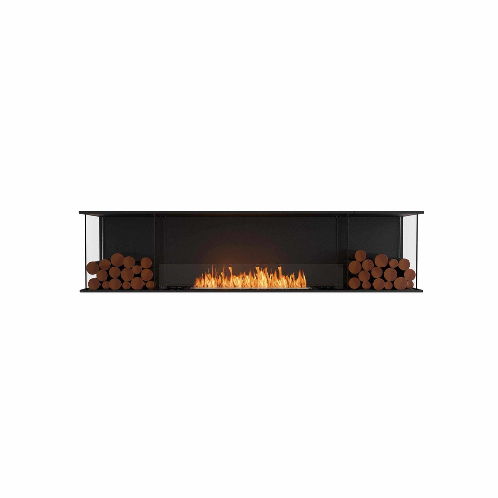 EcoSmart Fire Flex 86 fireplace with a black frame, central bioethanol flame, and decorative logs on both sides.