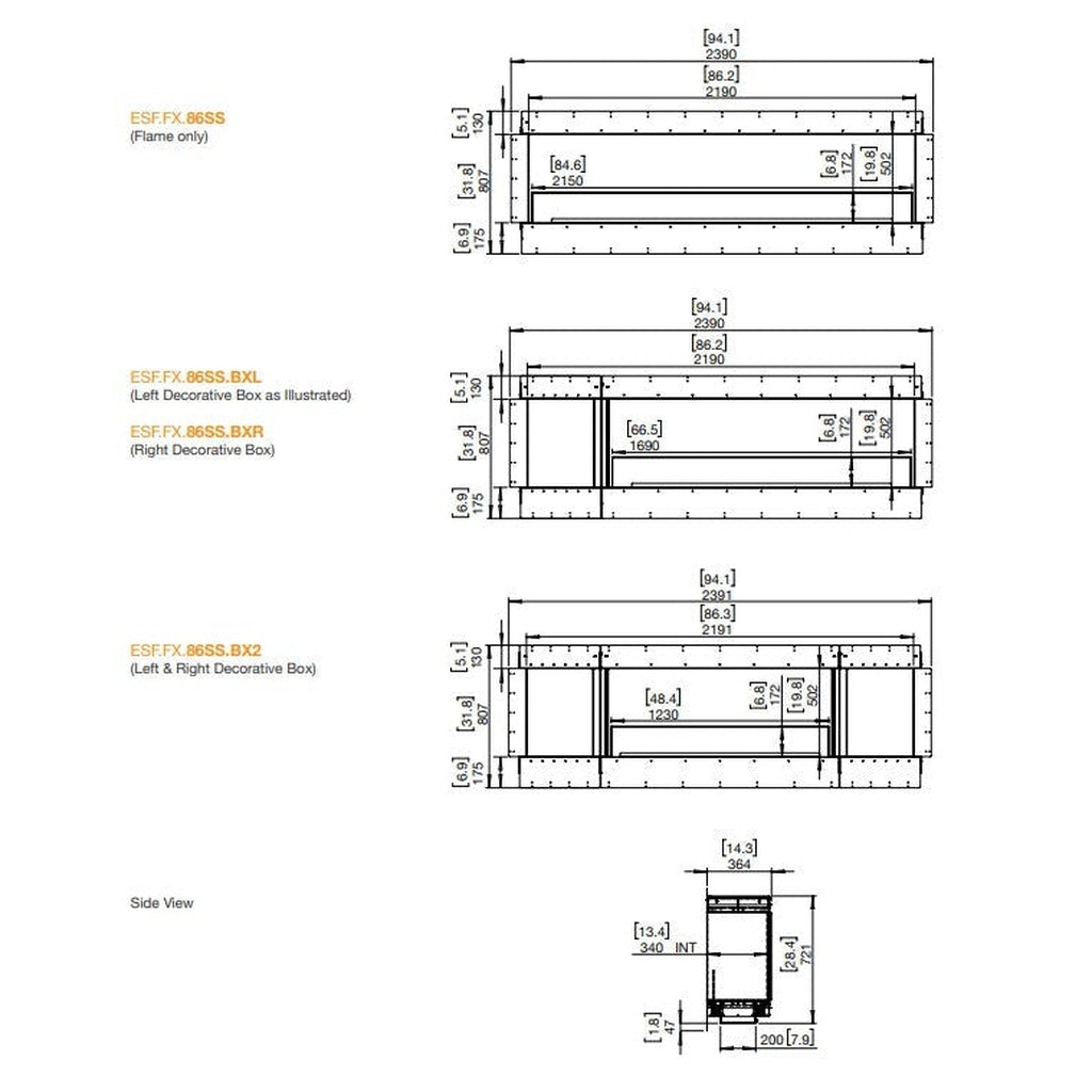 Technical line drawings showing dimensions for the EcoSmart Fire Flex 86 fireplace insert configurations.