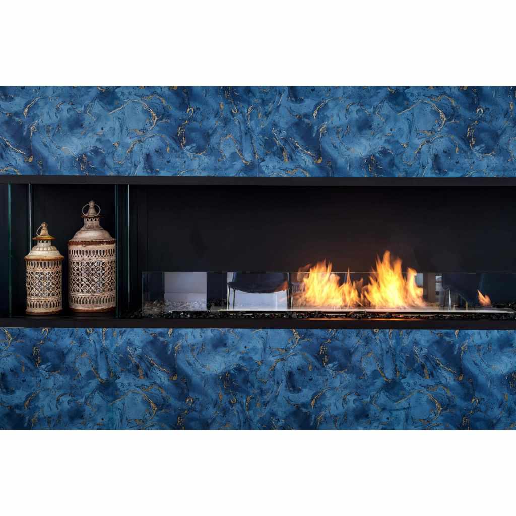 EcoSmart Fire Flex 86 bioethanol fireplace with a black frame, glass screen, and flames set in blue marble walling.