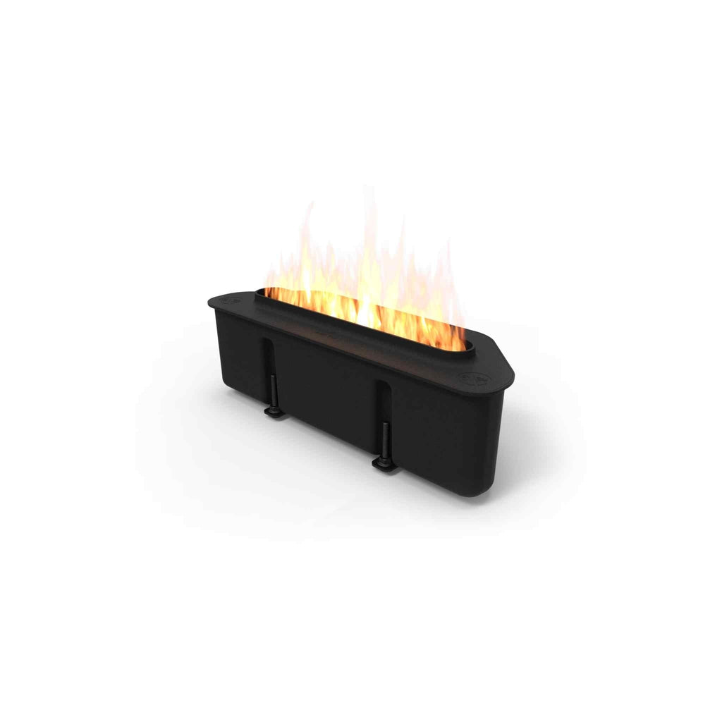 EcoSmart Fire VB2 ethanol burner in matte black with a long, linear flame burning against a white background.