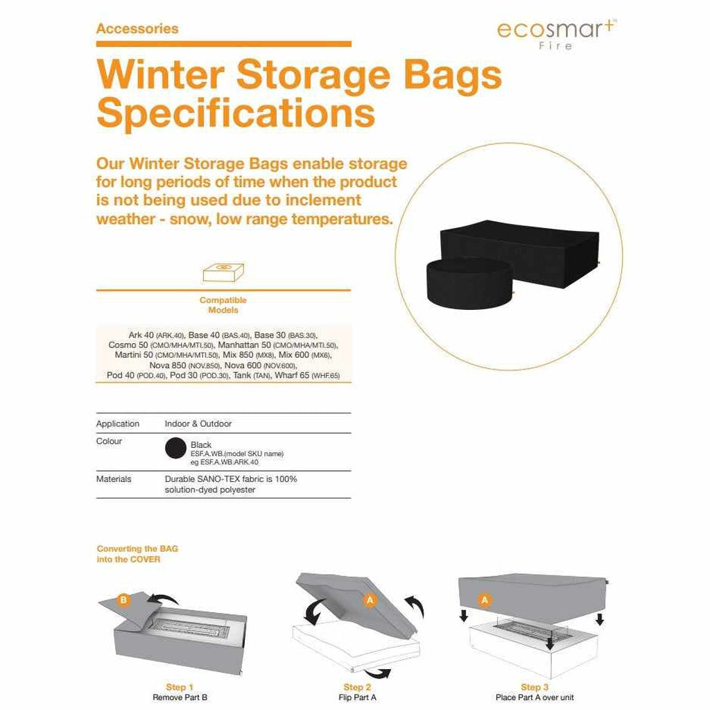 EcoSmart Fire Winter Bag specification sheet showing black fabric covers, compatible models list, and assembly steps.