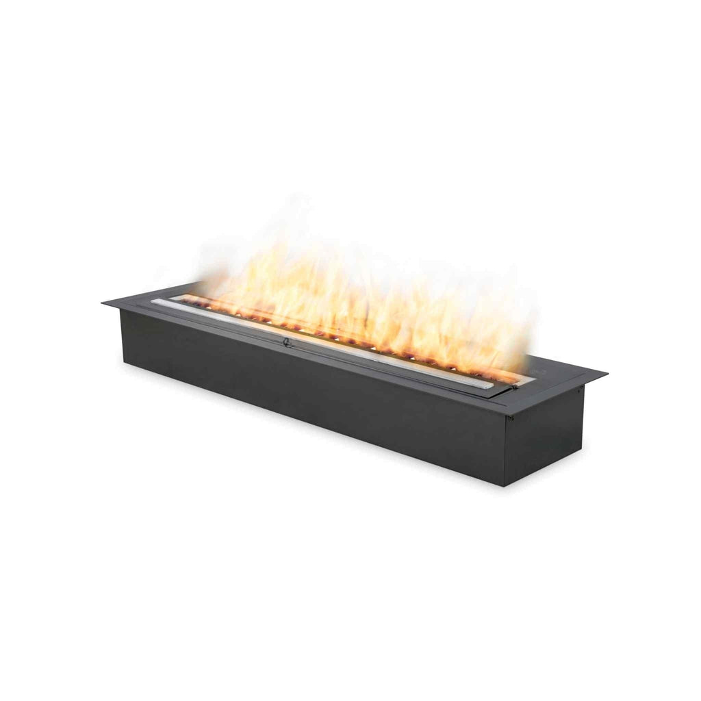 EcoSmart Fire XL900 ethanol burner in a matte black finish with a long, linear flame against a white background.