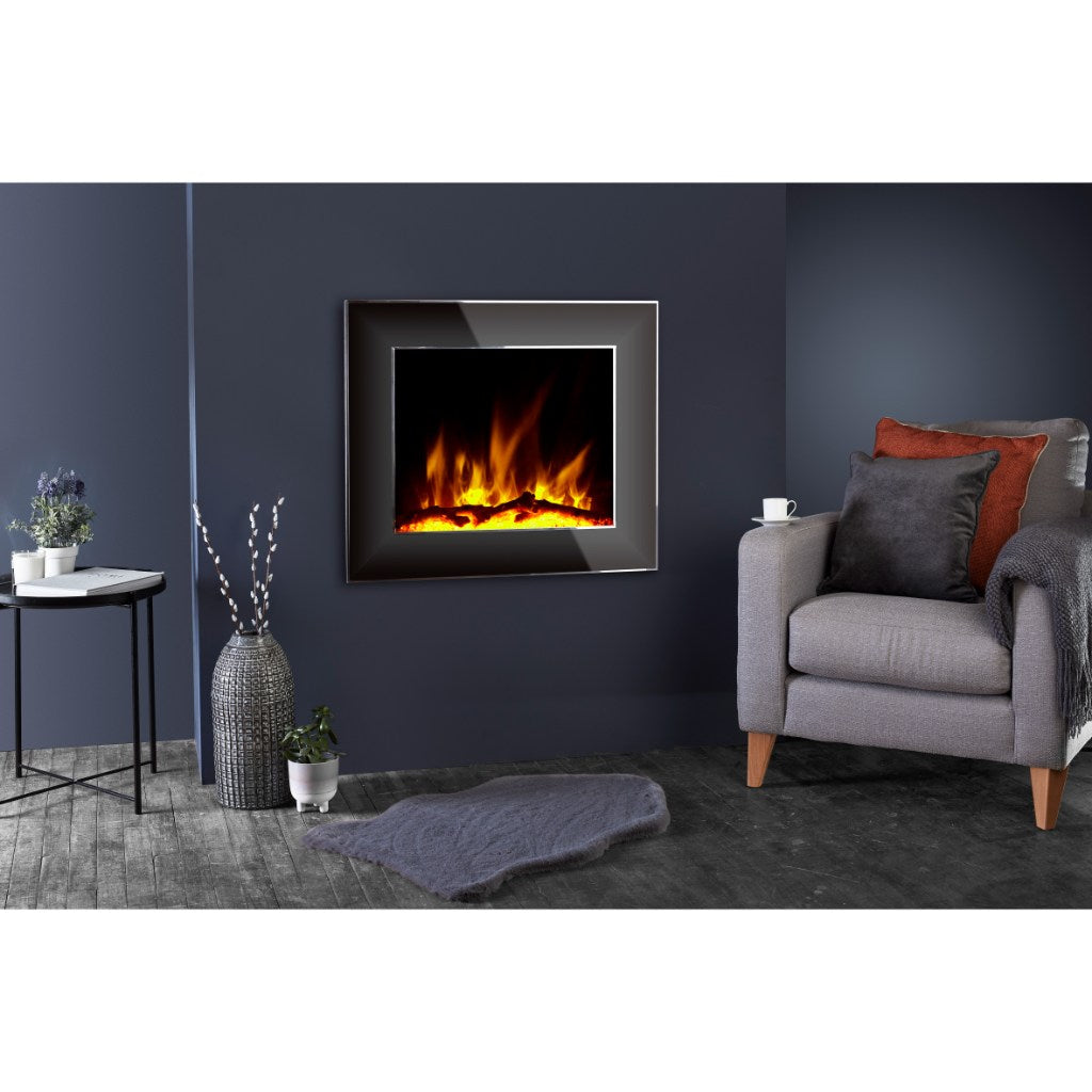 Flametek Sorrento hole in the wall electric fire with a black glass frame and realistic flame effect on a dark wall.